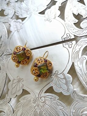 High End Designer natural abalone,gold on brass earrings,square,M Golan, gently
